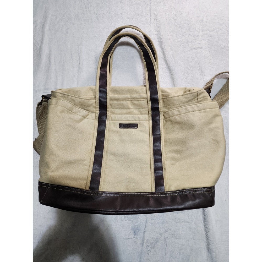 Eddie Bauer Tote Bag Women Large Cream Brown Canvas Faux Leather Travel Zip